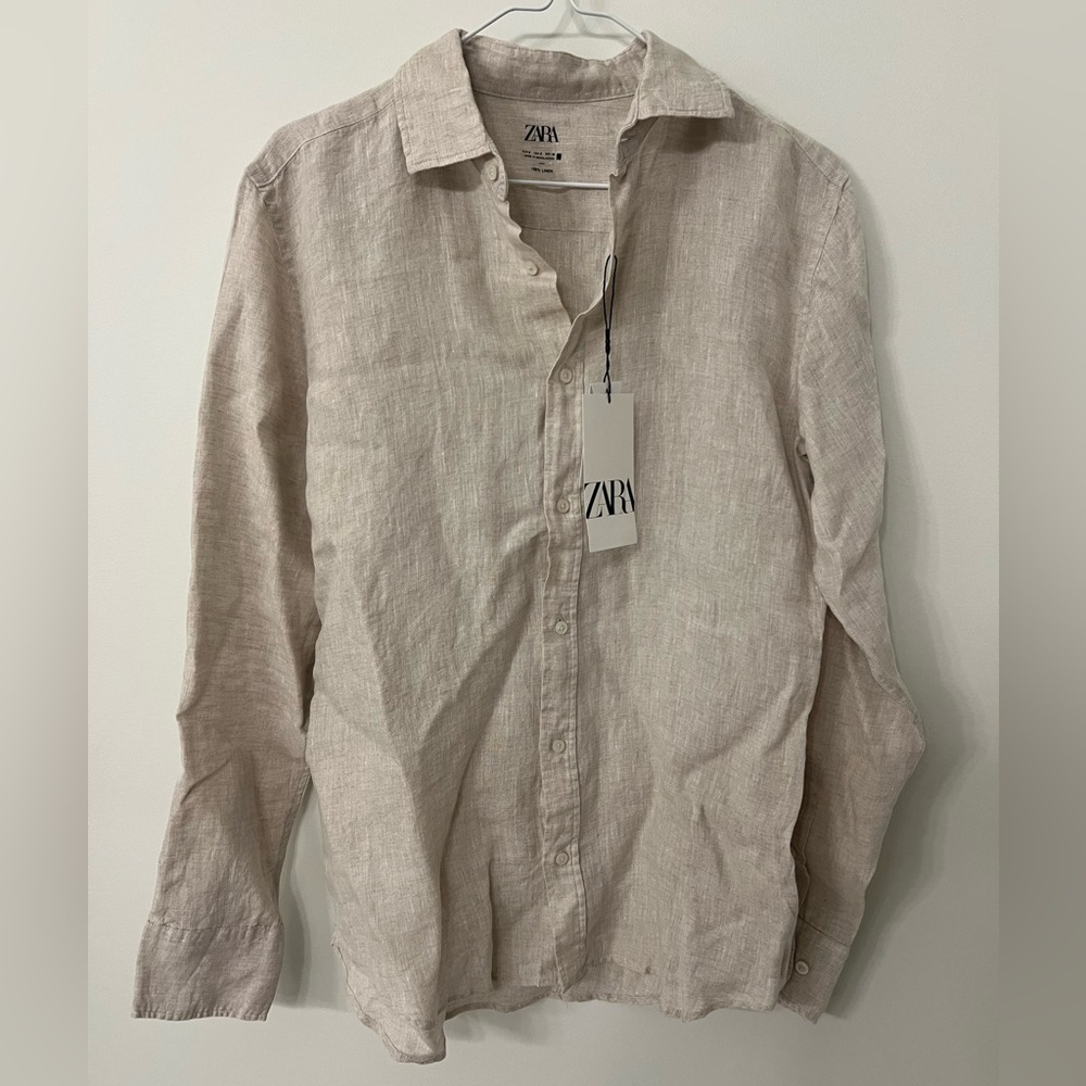 Men’s Zara 100% Linen Button Down Shirt Small Light Beige NWT